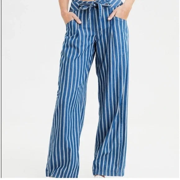 American Eagle Striped Blue Wide-Leg high waisted palazzo Pants 16 - Picture 3 of 11
